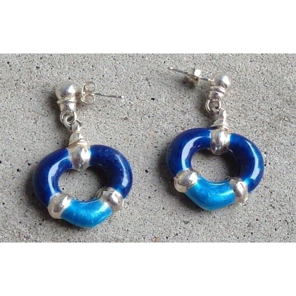 Vtg Shiny Blue Enamel 925 Sterling Silver Open Heart Earrings Drop Dangle Posts - Picture 1 of 1